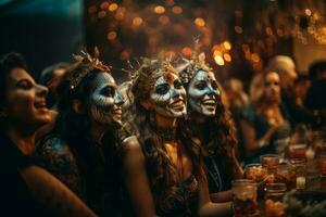 uma grupo do amigos dentro criativo e assustador trajes, rindo e posando para uma foto às uma dia das Bruxas festa, capturando a Diversão e excitação do a feriado. generativo ai
