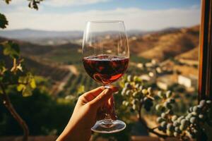 uma fechar-se tiro do mãos segurando uma vidro do vermelho vinho contra a pano de fundo do lindo videiras e rolando colinas. generativo ai foto