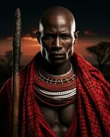 maasai Guerreiro dentro tradicional traje, em pé contra uma pano de fundo do a africano paisagem, segurando uma lança e escudo. generativo ai foto