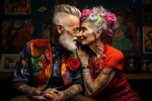 Senior casal cercado de vibrante cores, exibindo seus tatuado corpos Como vivo arte peças. generativo ai foto