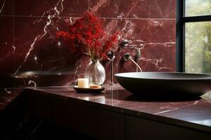 luxo banheiro com Rosso levanto mármore, conhecido para Está profundo vermelho tons e distintivo branco veias, evocando clássico elegância. generativo ai foto