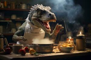 uma humorístico cena apresentando uma chefe de cozinha cozinhando acima uma tempestade dentro uma cozinha cheio do com tema de dinossauro ingredientes e utensílios. generativo ai foto