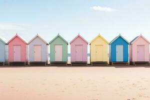 uma linha do tradicional pastel colori de praia cabanas. generativo ai foto