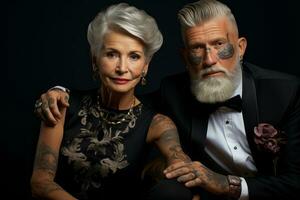 Senior casal vestido dentro elegante traje, com seus de bom gosto tatuagens adicionando a elemento do singularidade para seus aparência. generativo ai foto