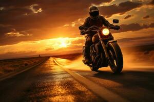 uma silhueta tiro do uma motocicleta cavaleiro equitação para uma cativante pôr do sol, simbolizando a jornada fim e Novo começos. generativo ai foto