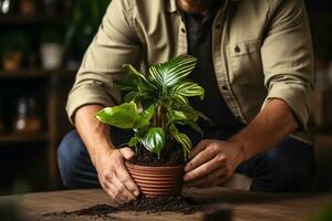 homem jardineiro detém dentro mãos monstera para inspecionando folhas. conceito Cuidado do casa plantas. generativo ai foto