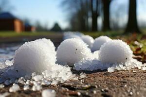 fechar-se tiros do granizo do vários tamanhos deitado em a chão, exibindo a impacto do seus destrutivo força. generativo ai foto