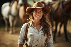 jovem mulher agricultor trabalhando com cavalos em dela rancho. generativo ai foto
