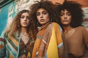 uma grupo do jovem moda modelos posando juntos dentro vibrante, na moda roupas, capturando a espírito do unidade e diversidade dentro a moda indústria. generativo ai foto