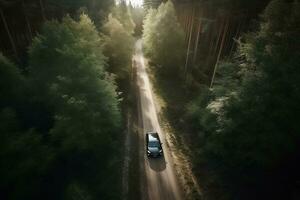 uma carro dirigindo baixa uma sujeira estrada dentro a madeiras. generativo ai foto