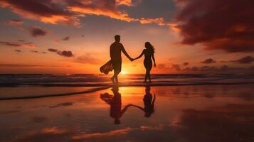 casal segurando mãos em a de praia às pôr do sol. generativo ai foto