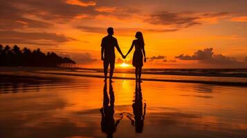 casal segurando mãos em a de praia às pôr do sol. generativo ai foto