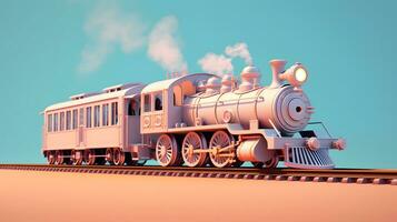 trem modelo 3d. a locomotiva emitindo fumaça. generativo ai foto