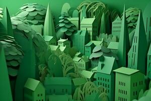 uma papel cortar Fora do uma verde cidade com árvores generativo ai foto