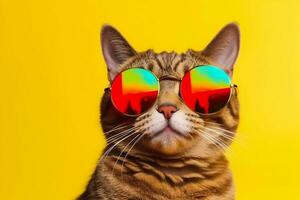 uma gato vestindo oculos de sol em uma amarelo fundo. generativo ai foto