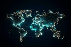 mundo mapa com brilhando linhas e conexões. generativo ai foto