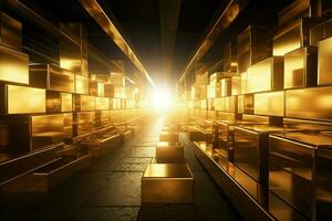 dourado cubos dentro uma Sombrio quarto com uma luz brilhando através. generativo ai foto