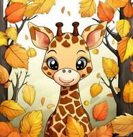 desenho animado girafa dentro a outono floresta. generativo ai foto