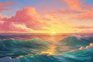 mar Visão e ondas. lindo colorida nuvens dentro a céu às pôr do sol. generativo ai foto