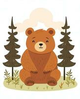 uma desenho animado Urso sentado dentro a madeiras com árvores generativo ai foto