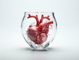 réplica do uma humano coração dentro uma vidro copo em uma branco fundo, generativo ai foto