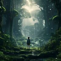 verde mágico floresta animação e japonês personagens, generativo ai foto