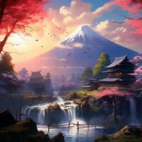 animação do Rosa japonês natural cenário e castelos, ai generativo foto