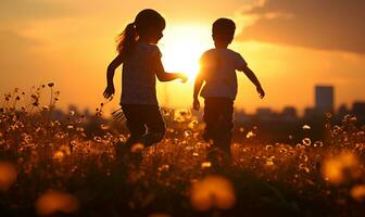 crianças jogando dentro flor campo com pôr do sol, generativo ai foto