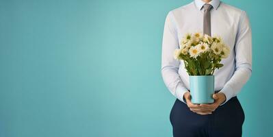 escritório trabalhador segurando uma vaso do flores cópia de espaço, ai generativo foto