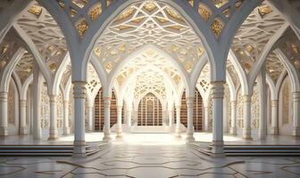 biblioteca com uma branco interior e típica islâmico enfeites e arquitetura, ai generativo foto