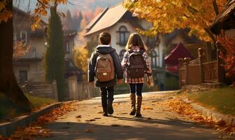 escola crianças caminhando em uma Vila estrada com outono folhas, ai generativo foto