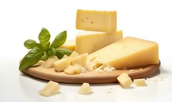 parmesão queijo fechar acima em branco fundo, ai generativo foto