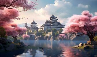 japonês castelo dentro Rosa árvore zen jardim, ai generativo foto