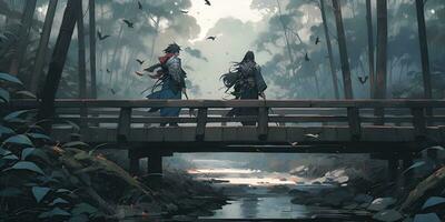 pintura do dois samurai brigando em uma ponte, ai generativo foto