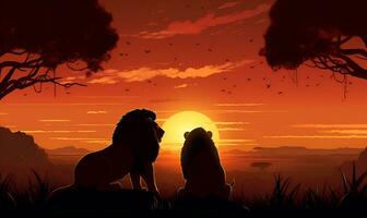 arte do a sombra do uma masculino e fêmea leão voltado para a pôr do sol, ai generativo foto