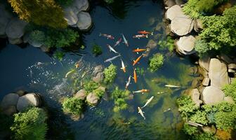 japonês koi peixe lagoa Visão a partir de acima, ai generativo foto