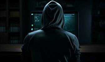 misterioso masculino hacker voltado para a monitor, ai generativo foto