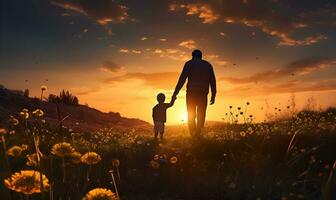 pai e filho silhueta dentro flor campo às pôr do sol, ai generativo foto