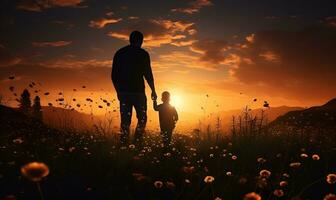 pai e filho silhueta dentro flor campo às pôr do sol, ai generativo foto
