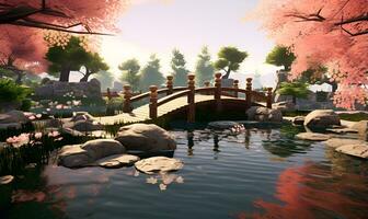 japonês zen jardim ponte com cereja árvores, ai generativo foto