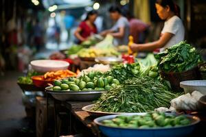 Visão do vendedores vendendo fresco Comida dentro tradicional mercado ai generativo foto