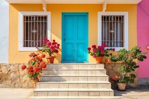 colorida casa com porta janela e escadas ai generativo foto