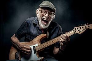 feliz Senior cansado , jogar guitarra Diversão .generativo ai foto