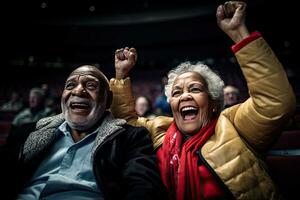 feliz Senior casal Preto cansado ,alegrar em seu favorito basquetebol equipe, basquetebol fãs, às a basquetebol estádio. criada com generativo ai. foto