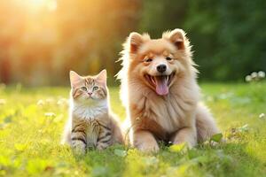 uma gato e cachorros jogar dentro a parque , generativo arte foto