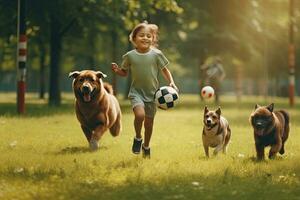 família jogando futebol com cachorros às parque. , generativo ai. foto