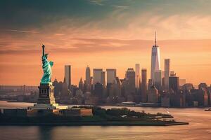 a estátua do liberdade e a Horizonte do Novo Iorque cidade , generativo ai foto