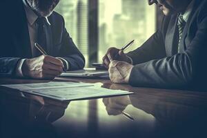 Senior homem de negocios assinatura uma contrato trabalhar, generativo ai. foto