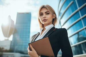 uma lindo jovem mulher de negócios com caderno ,alto construção fundo , generativo ai. foto