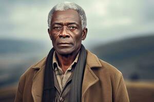 africano homem dentro anos 60, curto cinzento cabelo, zona rural , generativo ai foto